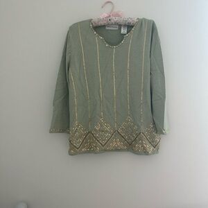 {Alfred Dunner} Vintage sea glass embellished sequin 3/4 sleeve v-neck blouse